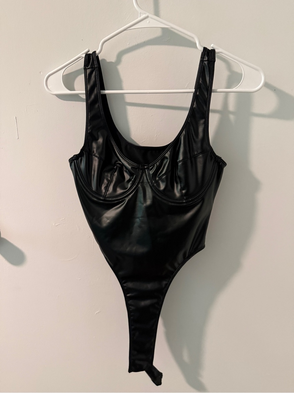 Faux leather bustier lingerie style bodysuit, high cut size small